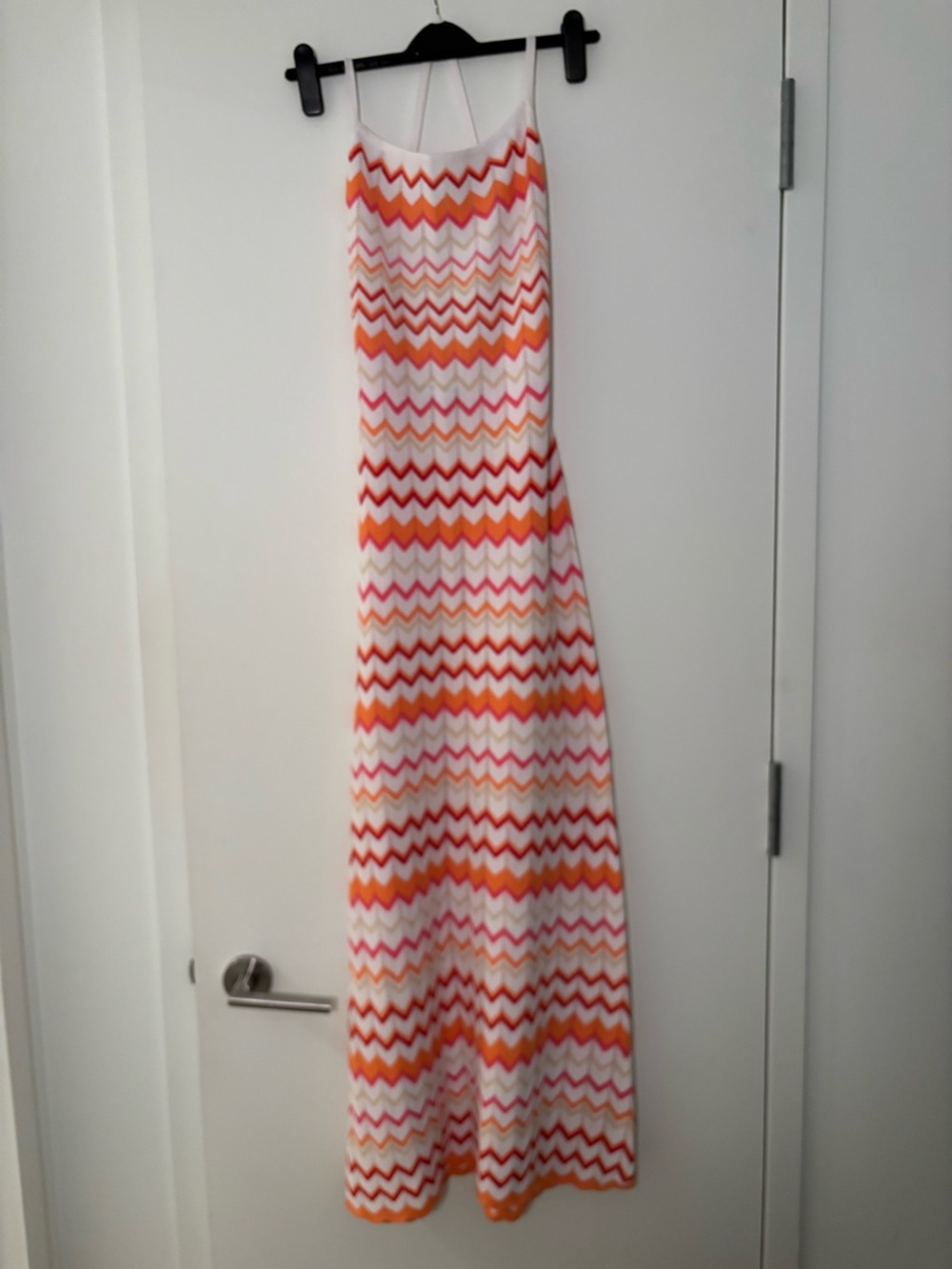 Striped Chevron Spaghetti-Strap Maxi Dress in Pink & Orange